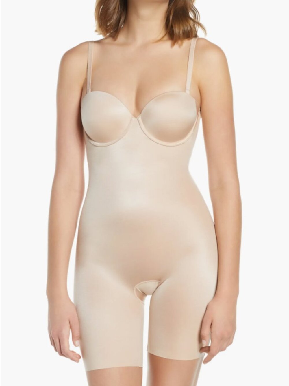 SPANX Suit Your Fancy Strapless Cupped Mid Thigh Bodysuit - S